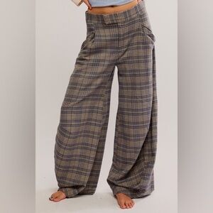 Free People Plaid Wide Leg Pants - Gray and Tan